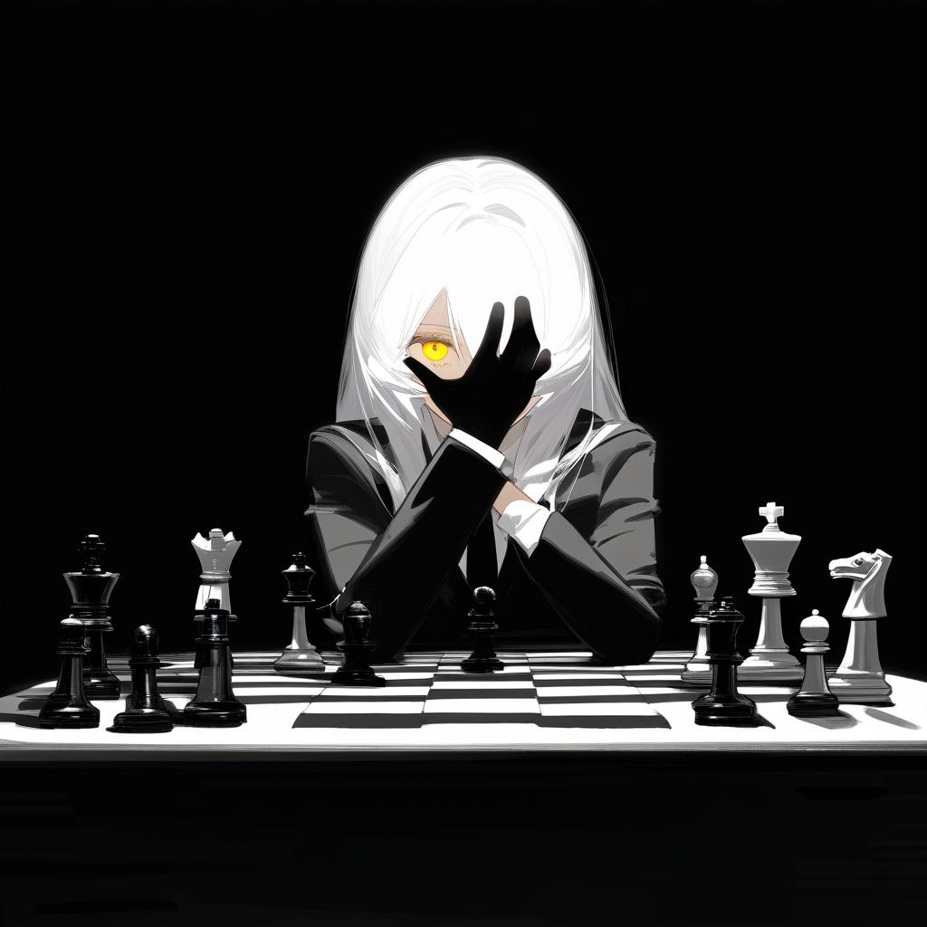  long white hair anime woman with shadows completely concealing face with the exception of evil empty white teeth smile on her face and only a hardly visible singular yellow eye, hand under chin,jet black suit, black tie, sitting in front of a table with a chess set on it, no visible facial features due to blackness covering face full of shadows on face. black all over face, no visible features, just a jet black face with a small gleam of a yellow eye and white teeth . best quality, high resolution