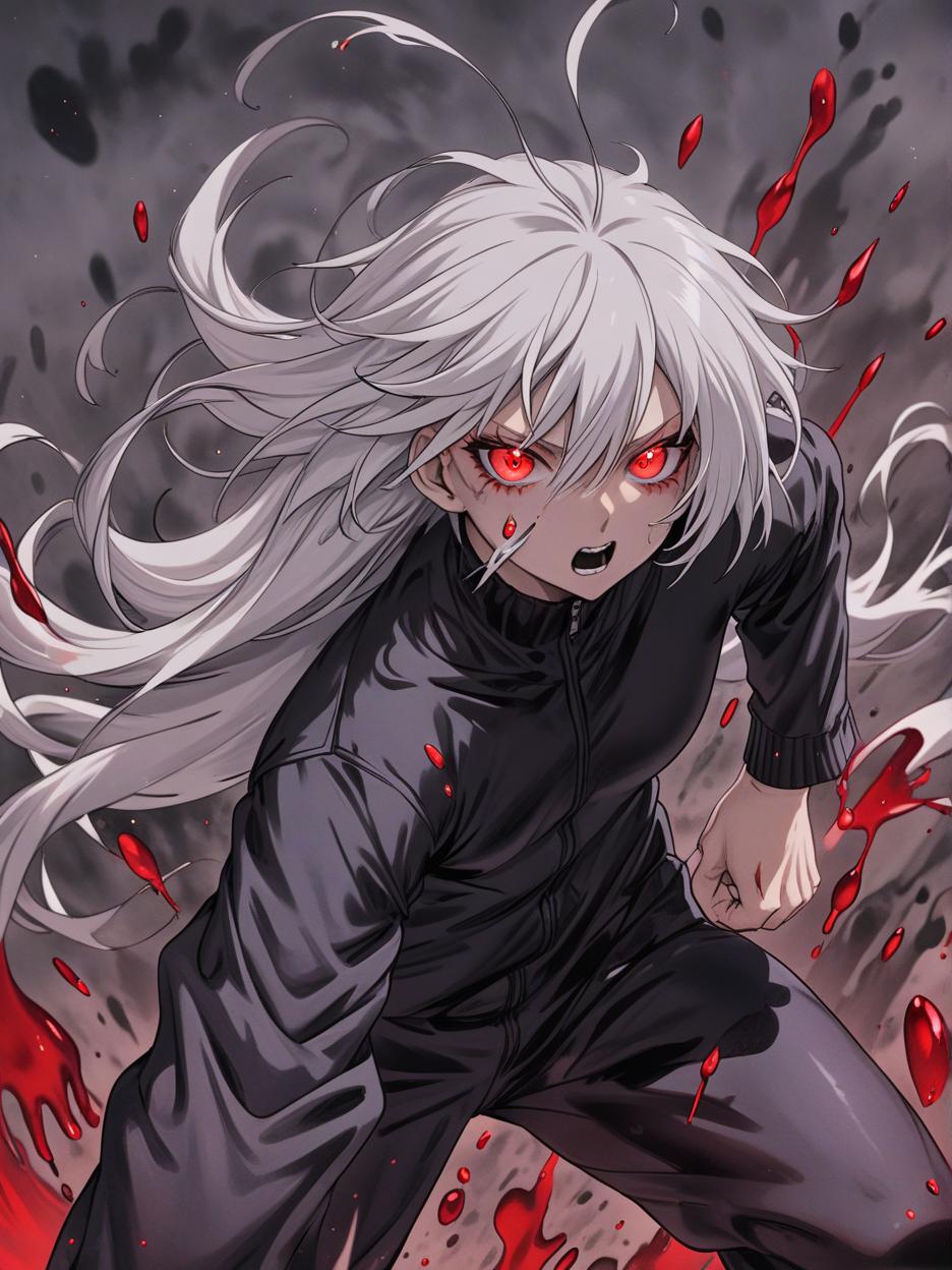  manga artwork satoru gojo, jujutsu kaisen, female version, beautiful woman with long white hair, red eyes from the galaxy. revealing her deep red eyes, super detailed eyes. compressed black clothes, baggy sweatpants. strong body. background of a black desert full of slime, hyper realistic atmospheres, details, 8k she is ready to fight, making a pose with her hand. manga artist. manga, highly emotional. best quality, high resolution