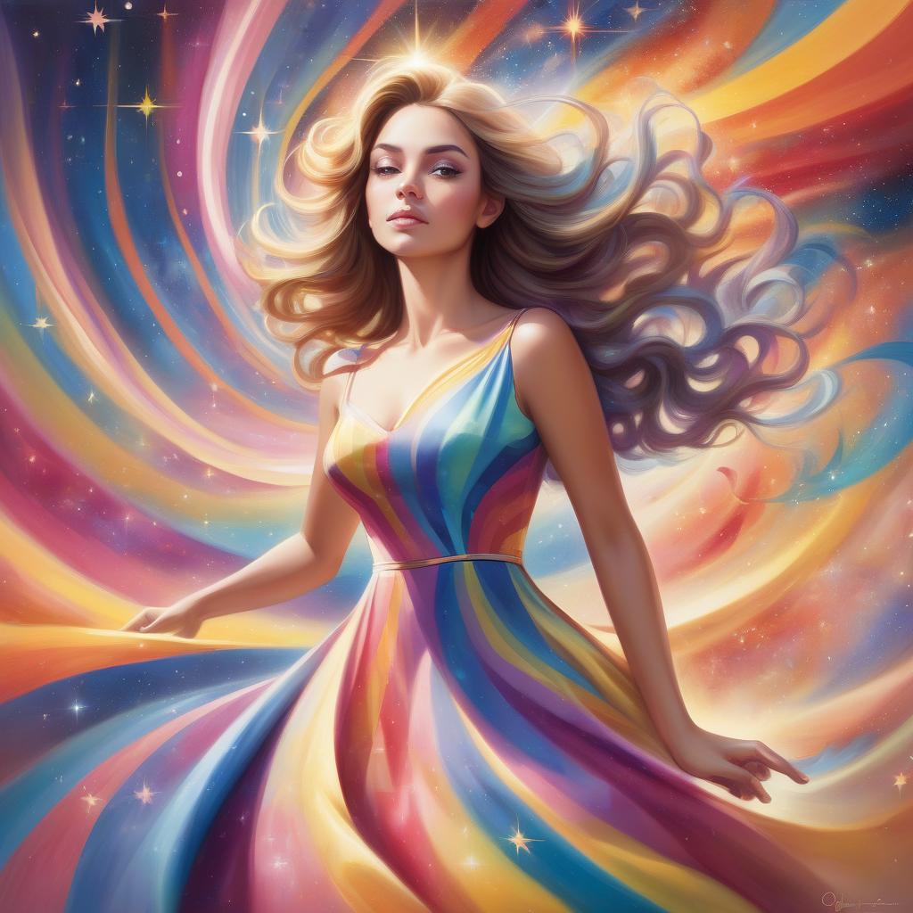  a painting of a woman in a dress with a colorful swirl in the background and a star burst in the sky, artgerm, figurative art, highly detailed digital painting, an airbrush painting