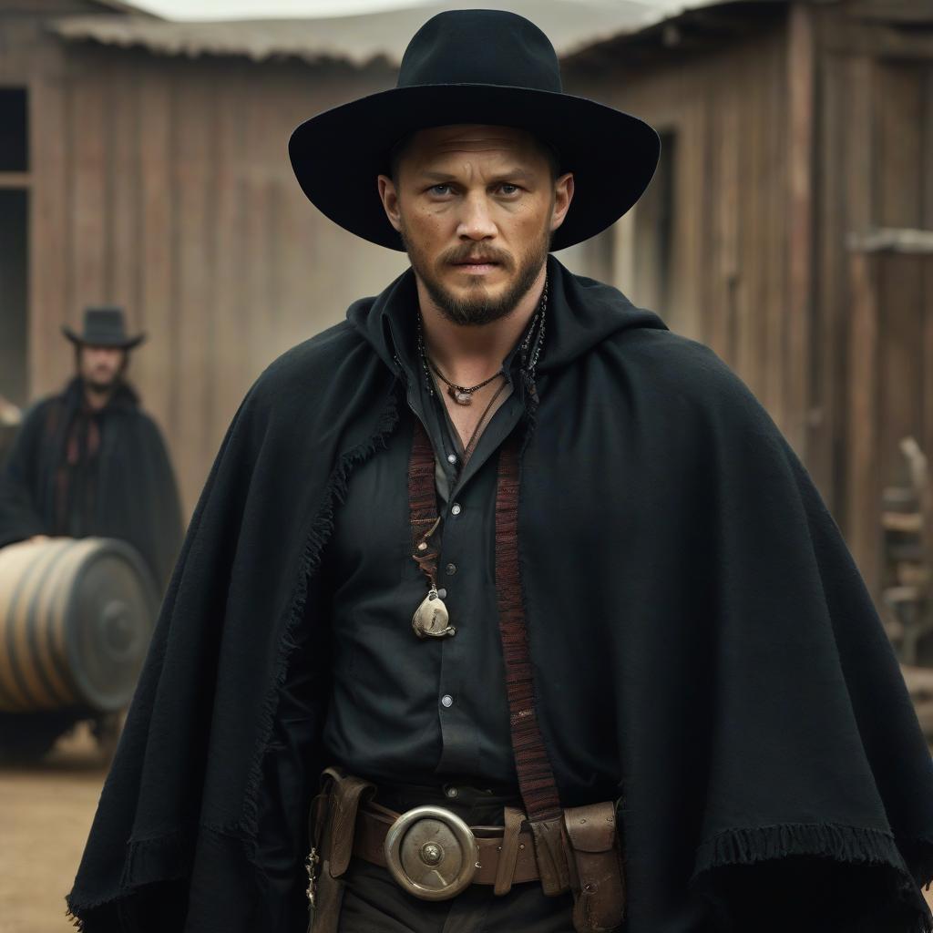  cowboy, tom hardy, full height, in a black poncho, in a hat, with a two barrel