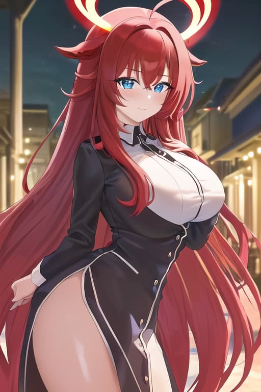   s ,masterpiece, best quality, 1women, long red hair, looking at viewer, :3, cute, black uniform, outdoors, streets, cow shot, curvy, (((blue eyes))), rias gremory, red hair, antenna hair, wavy hair, ((beautiful detailed eyes, beautiful detailed glow, lots of glow)), anime screencap