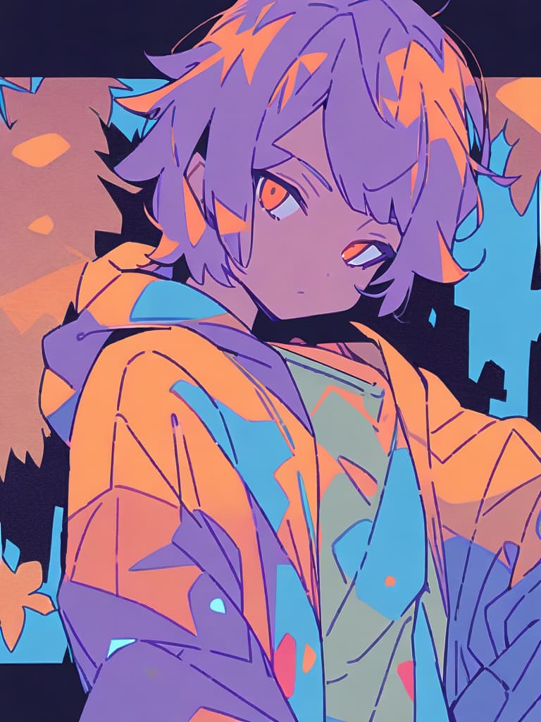  masterpiece,cartoon panel layout,{((grunge splats)),((flat color))},(((solo male:1.7))),purple hair,(((shaggy bangs deeply covered:1.2))),(((limited two tone blue and orange))),high quality