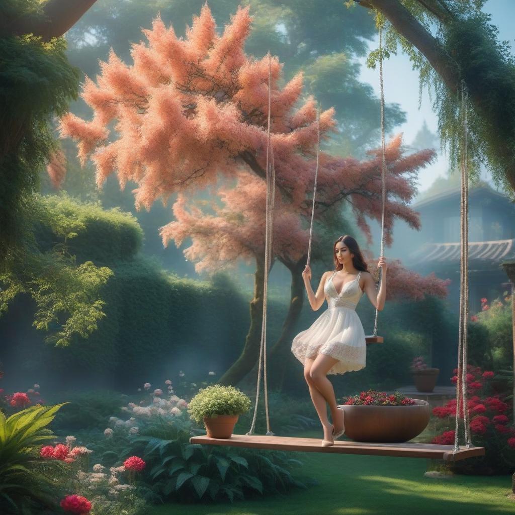  Swing in the garden, bright summer morning hyperrealistic, full body, detailed clothing, highly detailed, cinematic lighting, stunningly beautiful, intricate, sharp focus, f/1. 8, 85mm, (centered image composition), (professionally color graded), ((bright soft diffused light)), volumetric fog, trending on instagram, trending on tumblr, HDR 4K, 8K