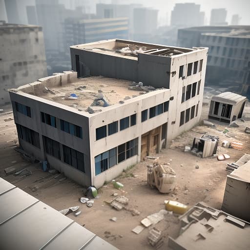  a disassembled building in a section where there are various structures (concrete, metal). nearby is an excavator that has a bucket or hydraulic scissors to be able to destroy the building. view 3/4. style 3d art digital