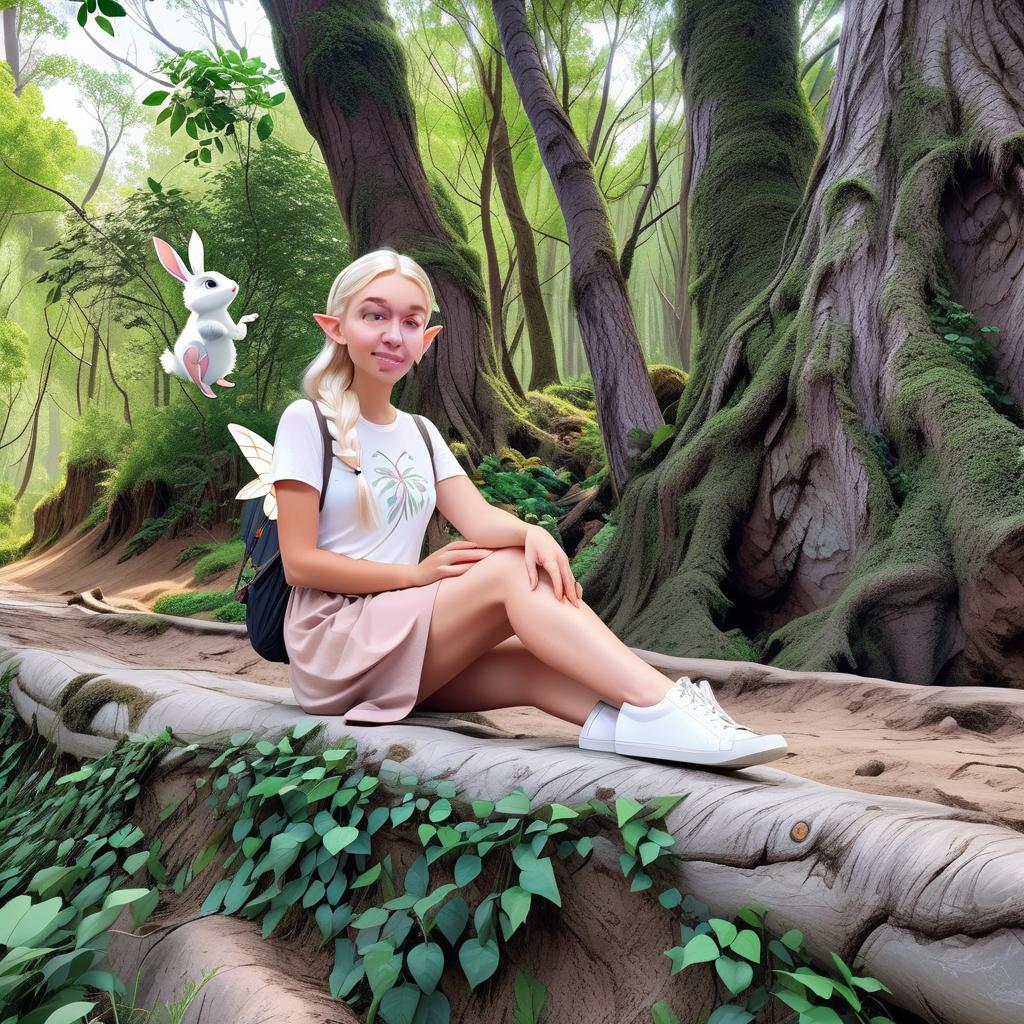  pixar style. save the woman's face from the original photo. she's a forest elf. behind her, she has large, open wings like a butterfly. a fabulous, mysterious forest in the background. river. next to the girl is a cute white rabbit and a white hedgehog.