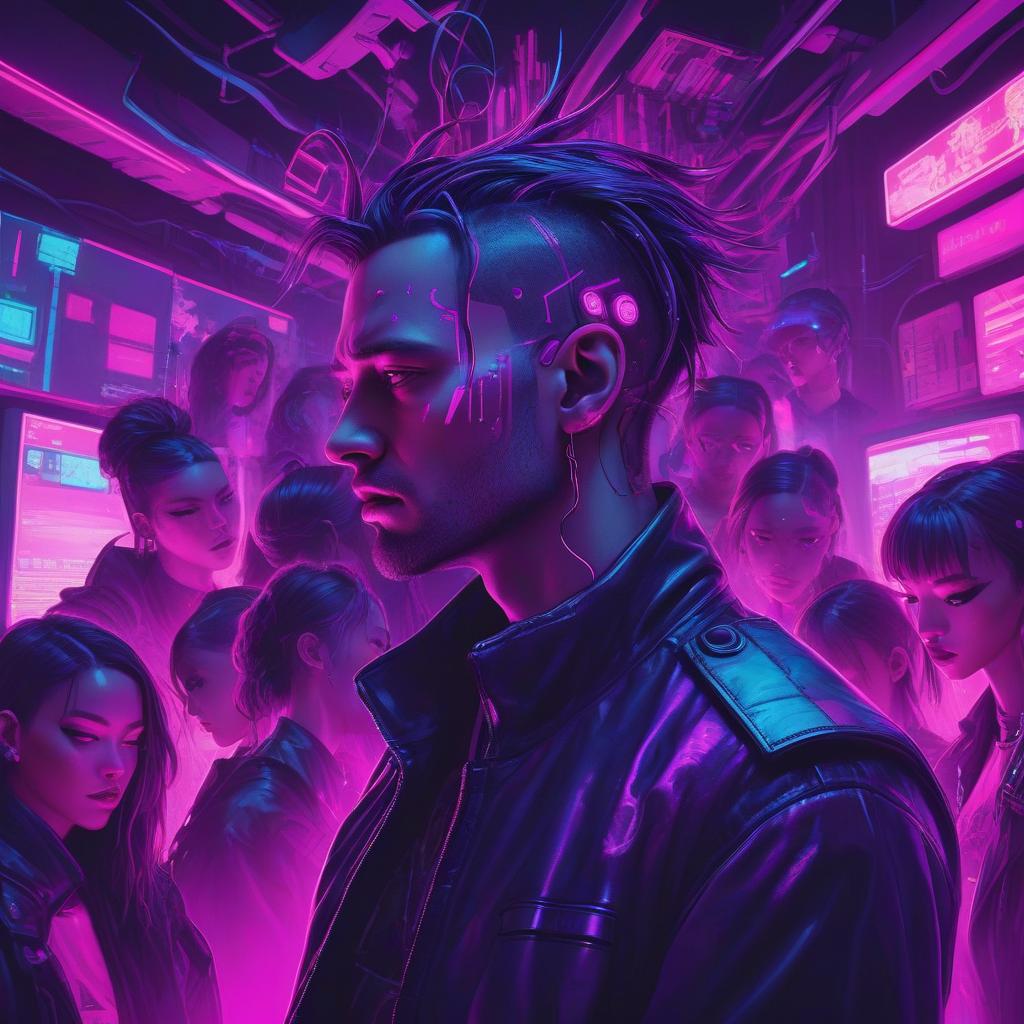  neonpunk style a man is holding his head, and he is surrounded by many identical girls . cyberpunk, vaporwave, neon, vibes, vibrant, stunningly beautiful, crisp, detailed, sleek, ultramodern, magenta highlights, dark purple shadows, high contrast, cinematic, ultra detailed, intricate, professional