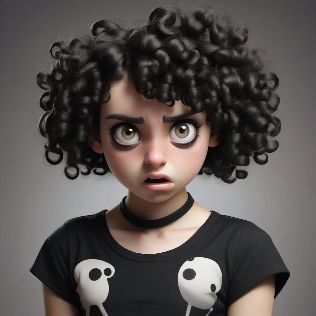  girl with black curly hair, stupid face