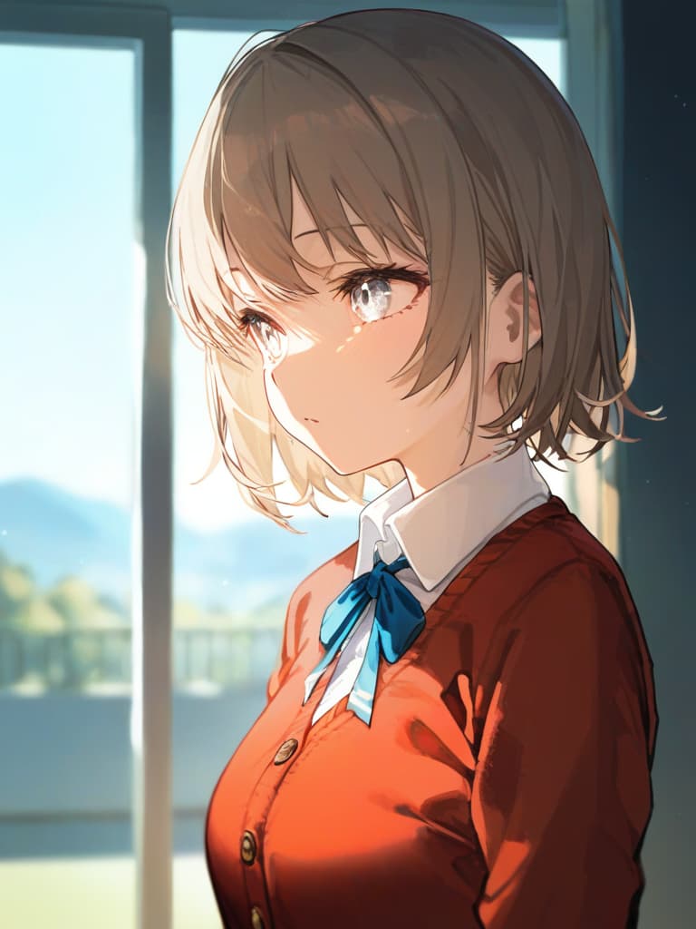  light brown hairless girl, expressionless, semi long, sweater cardigan, uniform, anime style, white eyes, blue ribbon uniform, sleepy eyes, masterpiece, best quality,8k,ultra detailed,high resolution,an extremely delicate and beautiful,hyper detail