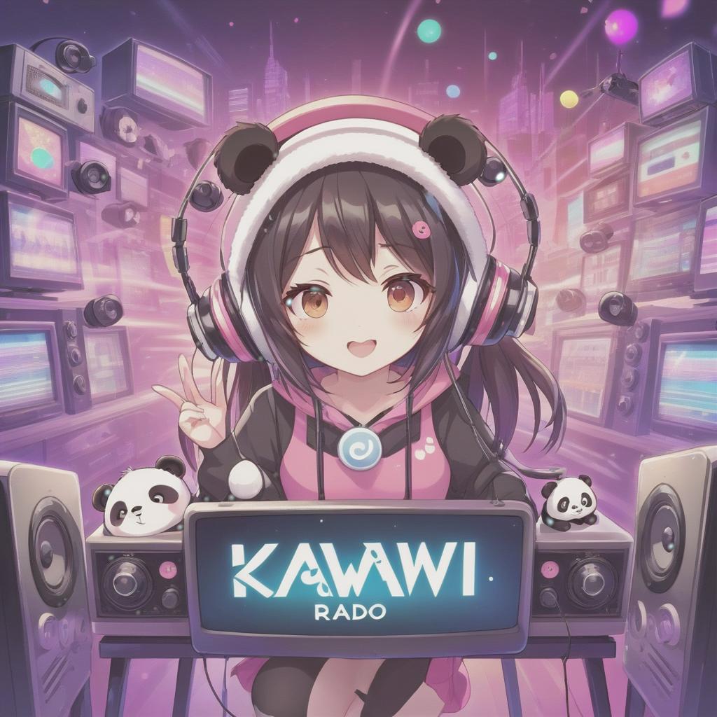  anime artwork logo of internet radio, anime, girl, panda, "kawaii radio" . anime style, key visual, vibrant, studio anime, highly detailed