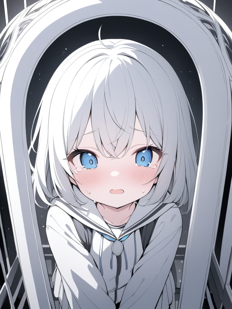  monochrome, girl, cute, loli, crying, blue eyes, tears, in cages, masterpiece, best quality,8k,ultra detailed,high resolution,an extremely delicate and beautiful,hyper detail