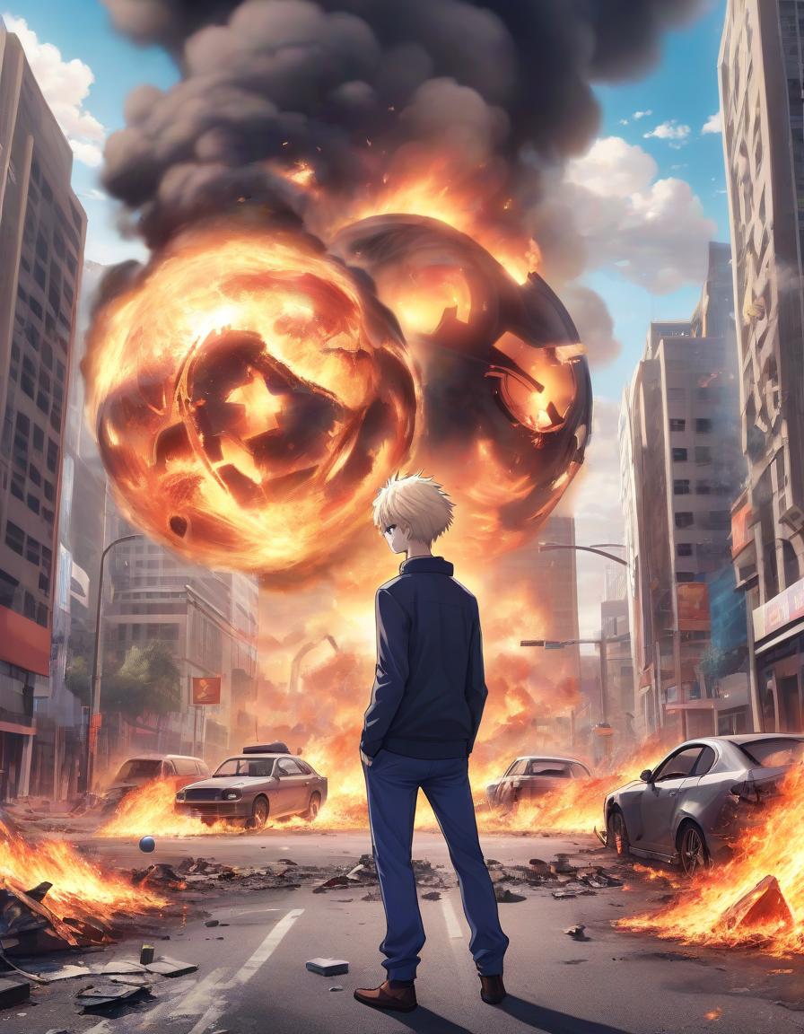  anime artwork a modern city, everywhere destruction, burning cars, in the foreground is a bald guy with a small ball in his hands. . anime style, key visual, vibrant, studio anime, highly detailed