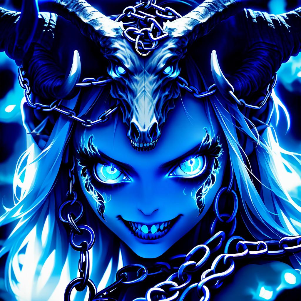  a with blue eyes and a chain around her neck, anime nature wallpap, demon white horns, spiritual eerie creepy picture, there is a glow coming from her, discord profile picture, benevolent android necromancer, f 2, dormant in , #, defence, pfp, beautiful blue glowing eyes