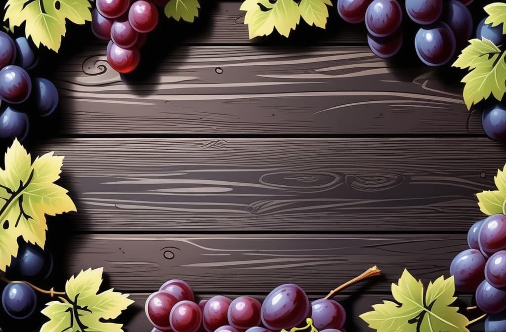  comic Dark rustic wooden table with grapes; top view; leave room for text on one side ar 3:2, graphic illustration, comic art, graphic novel art, vibrant, highly detailed