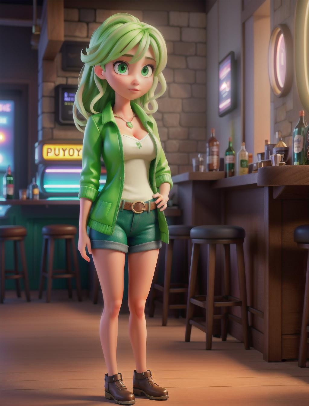  a pretty girl with green eyes standing in a bar, looking sad, dynamic background, bright colors, next to a jukebox hyperrealistic, full body, detailed clothing, highly detailed, cinematic lighting, stunningly beautiful, intricate, sharp focus, f/1. 8, 85mm, (centered image composition), (professionally color graded), ((bright soft diffused light)), volumetric fog, trending on instagram, trending on tumblr, HDR 4K, 8K