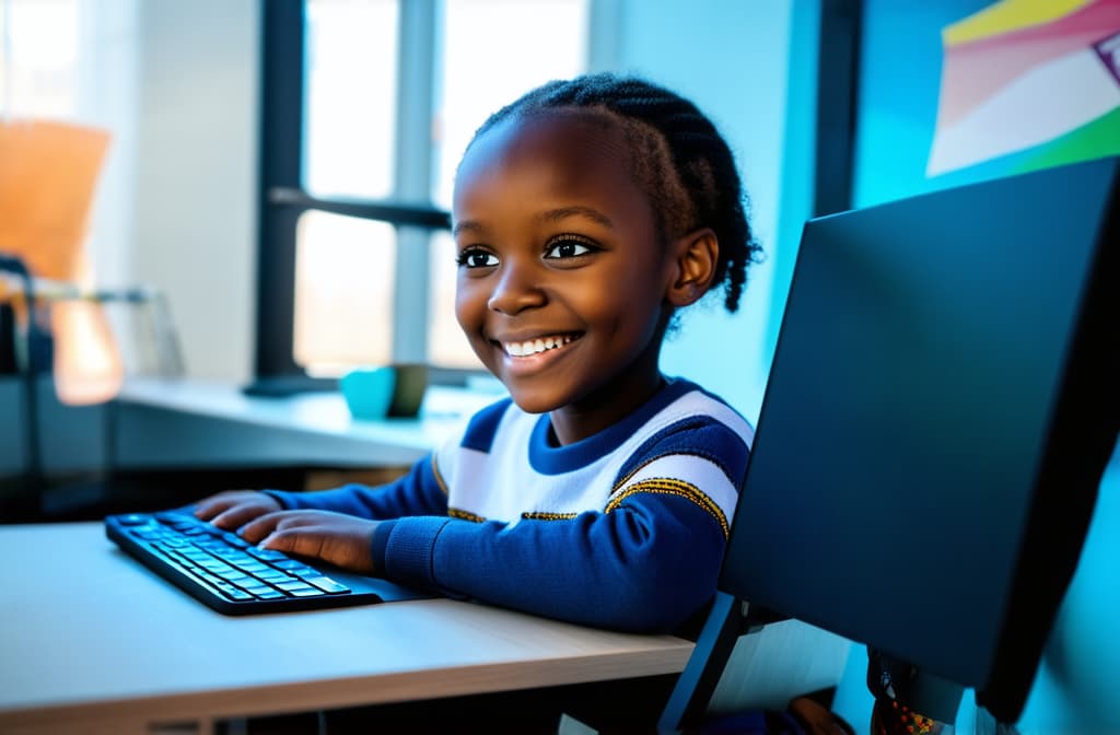  little african girl sitting at computer, looking at screen, smiling, bright modern interior ar 3:2 {prompt}, maximum details