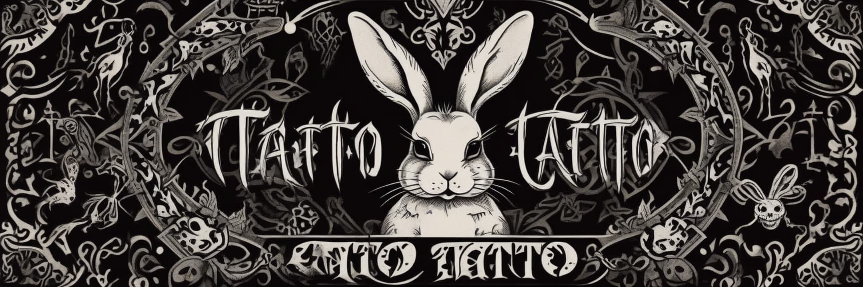  macabre style patterned carpet cover rabbits tattto with the inscription tattoo . dark, gothic, grim, haunting, highly detailed