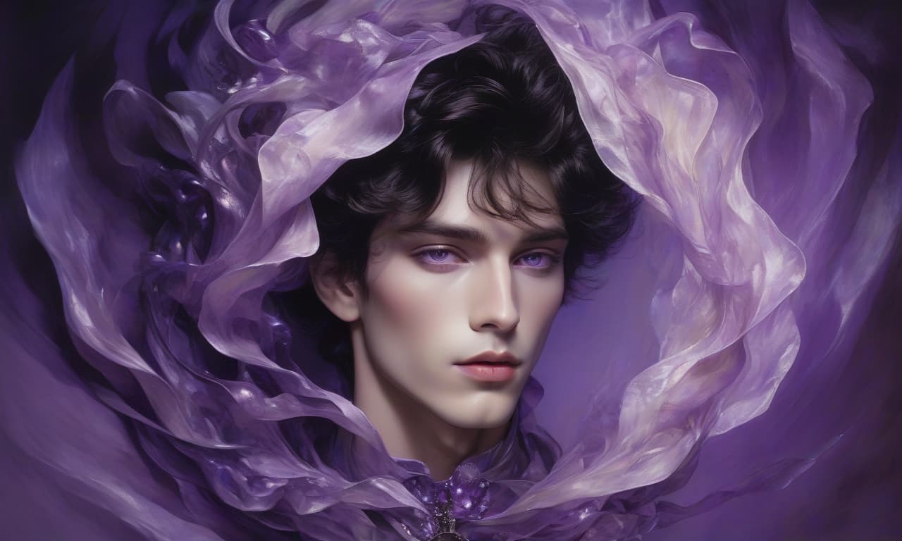  mystical male portrait radiating unearthly charm: porcelain skin, almond shaped violet eyes, dark hair adorned with bright violet jewelry. bright lips framed in a dreamy haze against a warm glowing background create a fantastic atmosphere of elegance and beauty. create an ethereal male portrait with a mystical aura. he has clear skin, large almond shaped violet eyes and full lips of a soft neutral shade. his face is framed by a mass of dark hair transitioning into bright violet jewelry, including a large one on the right side of the composition. jewelry of various sizes intertwine with his elements that give the impression of movement around his head, as if carried by a light breeze. the background is a textured gradient with deep, cool am