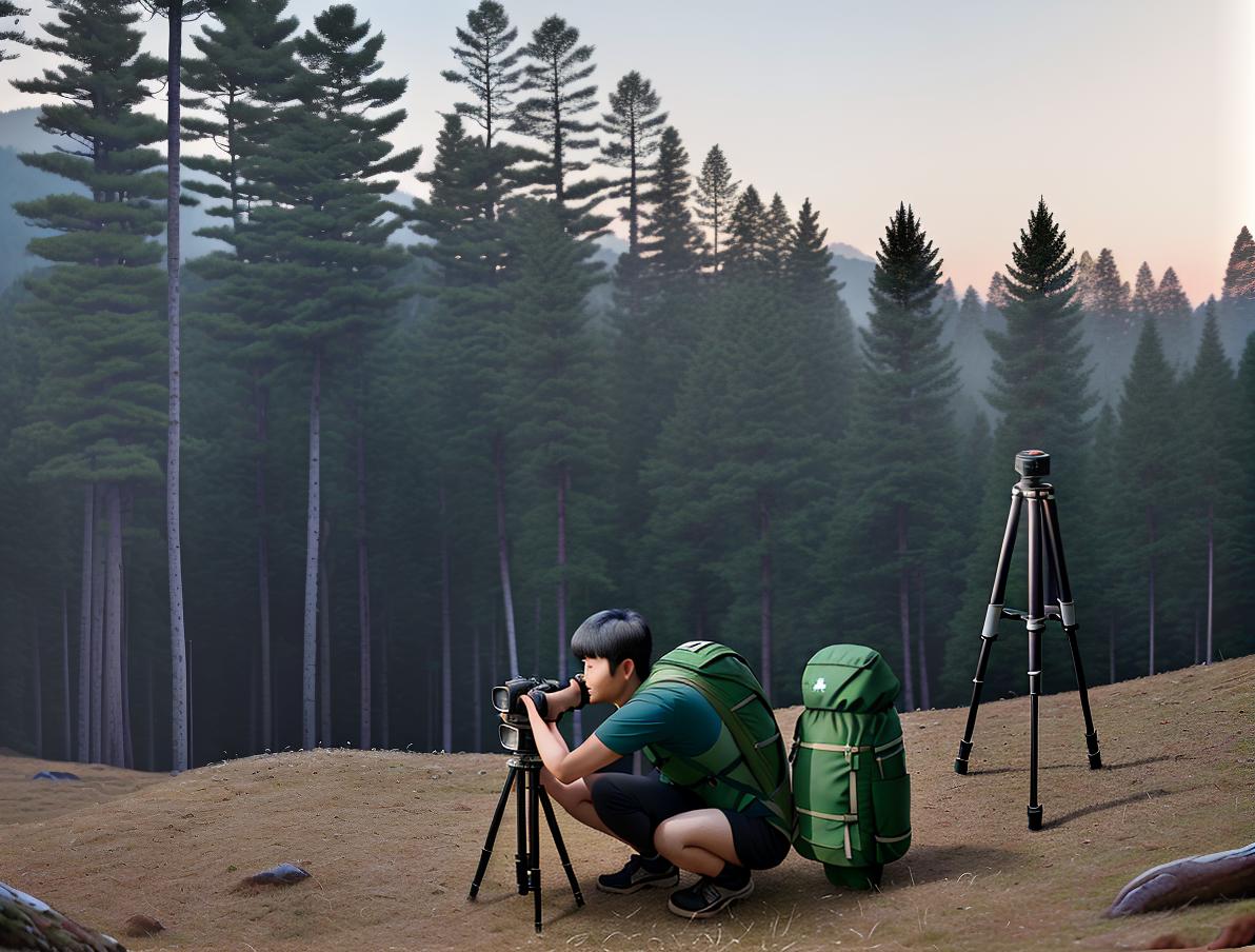  masterpiece, best quality, best quality, masterpiece, 8k resolution, high resolution real shot: forest scene, asian photographer with outdoor backpack, crouching behind telephoto camera with tripod, focusing. the picture adopts telephoto large aperture shooting style, realistic style, delicate and clear, the pine coniferous forest in the background is slightly blurred, the ground in the foreground covers the legs, soft light, natural colors, capture instant details, hd quality.