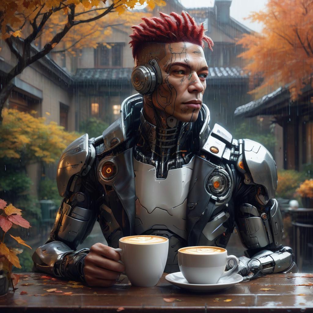  cyborg drinks a latte, and enjoys an autumn morning, he is pleased to look at the cozy courtyard behind which the rain drizzles, trees grow, excellent quality. cyberpunk