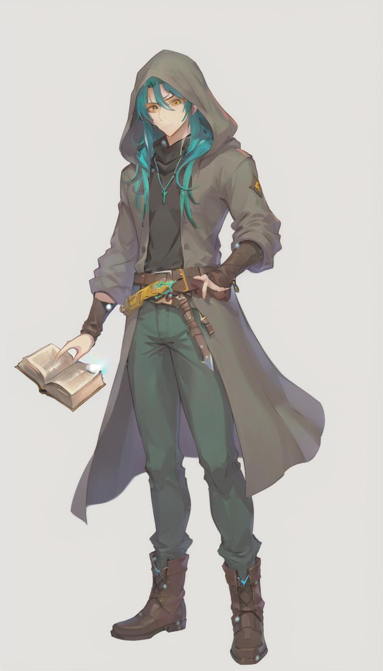  anime artwork a concept art for visual novel game, handsome male, rogue from d&d, dynamic pose, full body, wearing: dark coat with hoodie, tight t shirt, baggy pants, black boots, on the belt have a hunting knife and wizard book from leather with ocean thematic; appearance: light skin, half black half teal long hair, stumble on the chin, yellow eyes, anime style, very detailed, high quality. . anime style, key visual, vibrant, studio anime, highly detailed, hkmagic