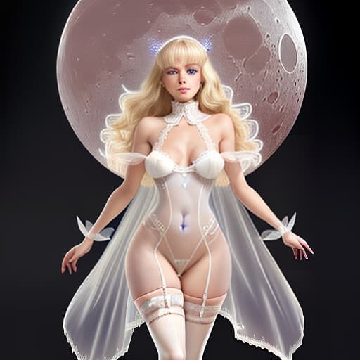  full growth photo studio. realistic image. lunar landscape, in body fully mesh transparent in full growth, feet, sapphires, stockings above the are visible. magician. gloss of the body. gaze , dynamic posture ((full shot)), young , big s, white stockings, long hair, open eyes, full height, boots, belts, concept art, (( full height )), (s),eautiful blonde in white, wearing white lace, romantic makeup, a slave from with big s