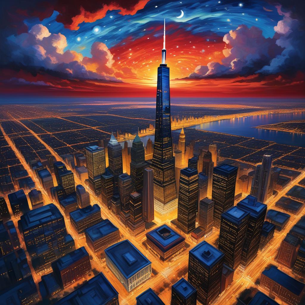  ethereal fantasy concept art of sears tower, crain's communications building, drone view, tilt shift, van gogh's starry night, colorful red orange swirls, cloud gate, hyper realistic, chicago skyline, mesmerizing, intricate details, flambient golden red sunrise, dramatic lighting, epic composition, wide angle, cinematic, masterpiece, 4k, raw photo, van gogh influence, studio lighting, impressionist, bold colors, starry sky, architectural elements, medium format lens, high angle, cityscape, city life, metropolitan, van gogh's brushstrokes, van gogh's shadows, van gogh's colors, van gogh's textures, nighttime, city scene, streets, night cityscape. magnificent, celestial, ethereal, painterly, epic, majestic, magical, fantasy art, cover art, dr