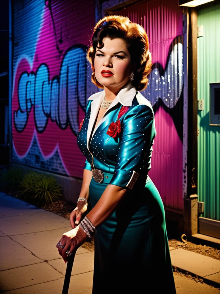  Country singer Patsy Cline, medium shot, upper body, spotlight, long exposure lighting, street art style spray paint, glamour lighting