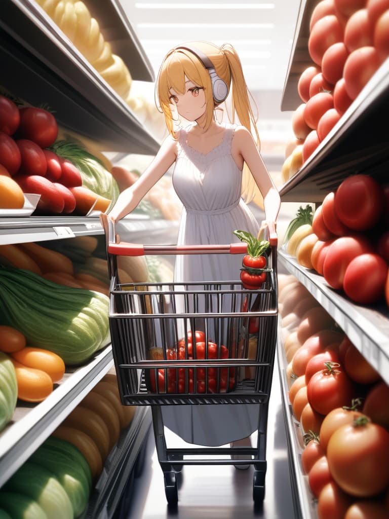  with tomatoes, blonde ponytails, white headphones, snakes on the legs, whole body, walking figure, girls on their arms, girls wearing white dresses, shopping carts, pressing shopping carts, gestures, shopping carts. contains eggplant and celery, small wings on the back, masterpiece, best quality,8k,ultra detailed,high resolution,an extremely delicate and beautiful,hyper detail