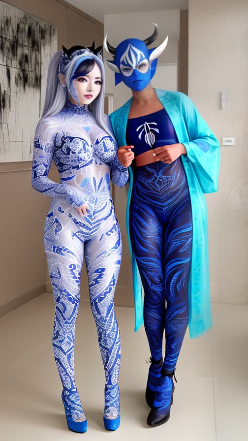  Blue and White Spider-patterned body paint in every corner of the whole body, full-body, Black body paint,Silver face paint on the face,Two elfs 女性