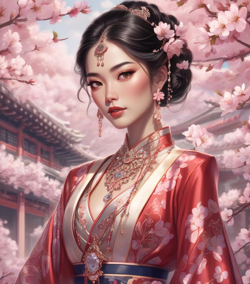  an illustration of a woman in traditional asian attire with intricate jewelry, against a backdrop of cherry blossoms. a gorgeous asian woman in an elaborate, dramatic, traditional costume.