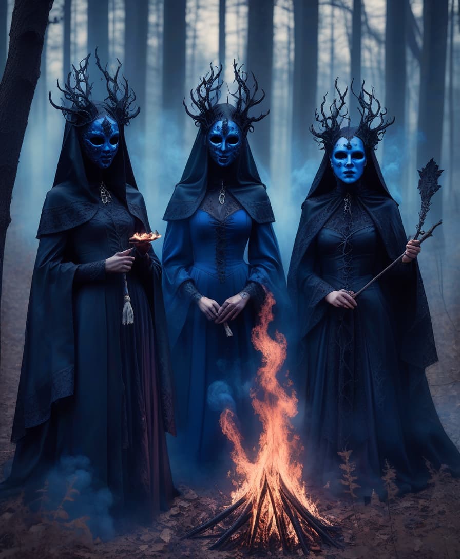  gothic style coven of witches. black masks on their faces. big blue fire. forest edge . dark, mysterious, haunting, dramatic, ornate, detailed