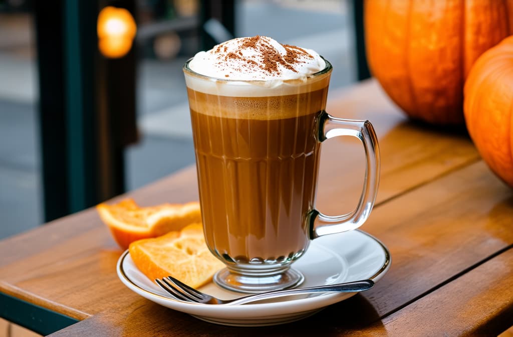  professional detailed photography, pumpkin latte coffee in a beautiful coffee glass on a table in a cafe on the street in autumn, autumn cozy atmosphere ar 3:2, (muted colors, dim colors, soothing tones), (vsco:0.3)