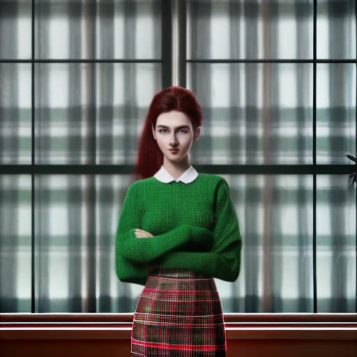 redshift style Woman in green sweater and checkered skirt posing for photo in front of window with hair in tail, MilaAzul, optical illusion, cute, color photography