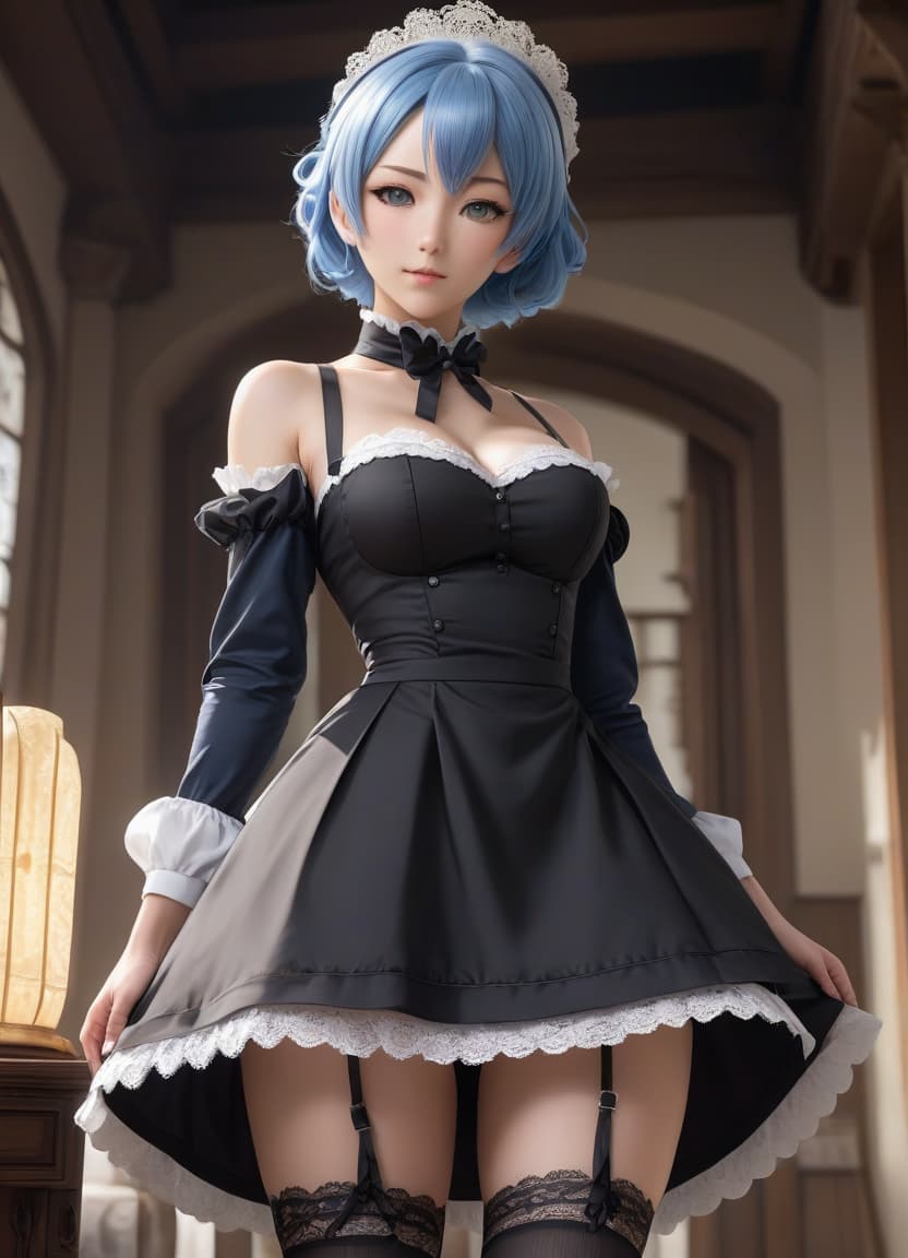  anime artwork , full body 1 , visible through the hips, bare shoulders, black raised dress, blue hair, , clothes lift, unoned collar, sleeves, dress, dress lift, garter strings, hair above the eyes, lace, lace trim, raised, lips, gaze at the viewer, maid, maid's headdress, voluminous s, s, (without ), nose, realistic, rem (re:zero), roswaal mansion maid uniform, short hair, , lift , solo, voluminous hips, uncensored, glossy white stockings . anime style, key visual, vint, studio anime, highly detailed hyperrealistic, full body, detailed clothing, highly detailed, cinematic lighting, stunningly beautiful, intricate, sharp focus, f/1. 8, 85mm, (centered image composition), (professionally color graded), ((bright soft diffused light)), volumetric fog, trending on instagram, trending on tumblr, HDR 4K, 8K