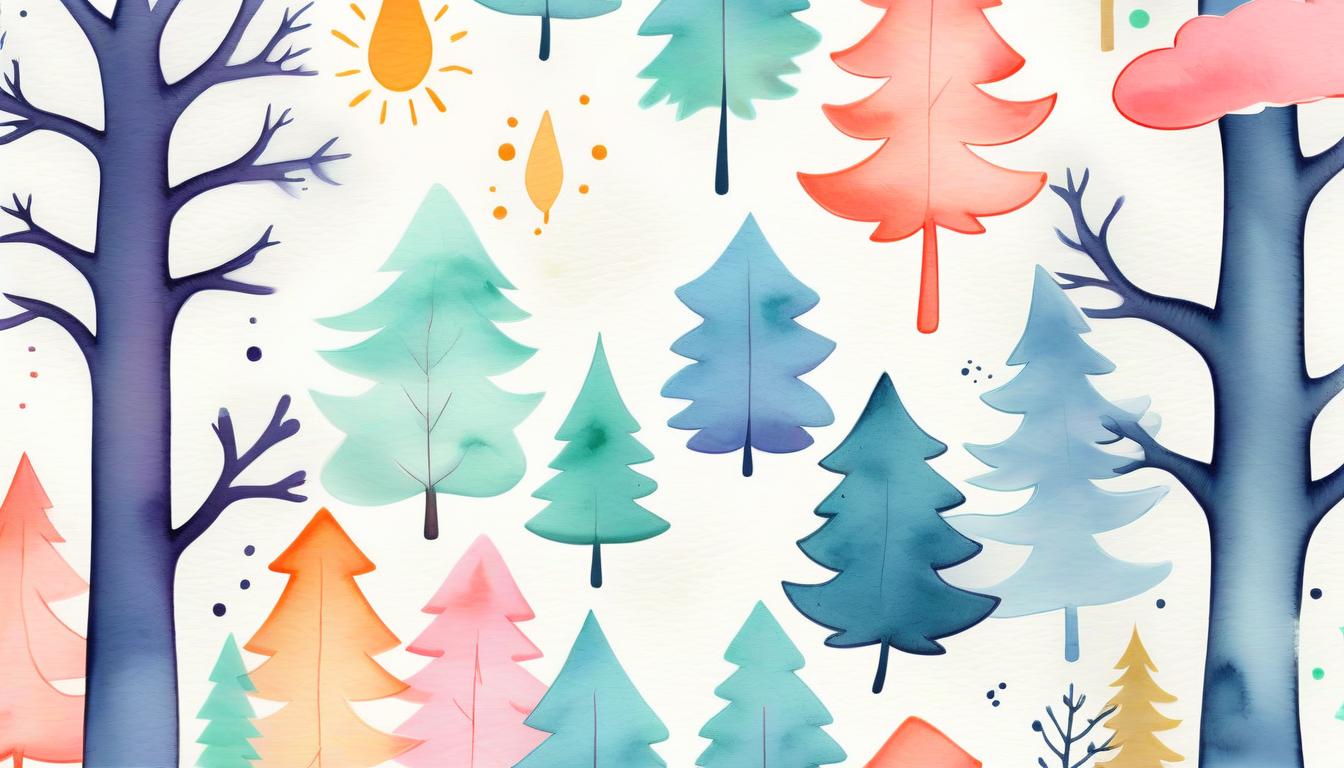  pop art style (painted) (watercolor) cute new year's background, winter forest, soft shades, fine ink contours, cartoon effect, objects at the edges of the leaf, middle empty . bright colors, bold outlines, popular culture themes, ironic or kitsch