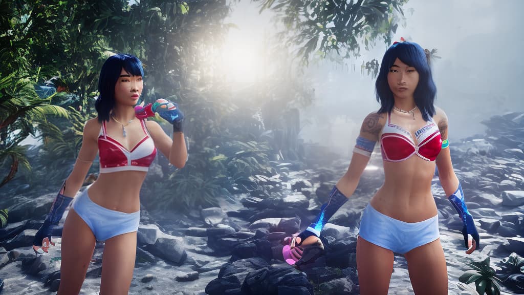 redshift style photo of a Thai female, skyblue Bob cut with pink highlights, white bra, white pantie with red waistband, colorful tattoos, snowy village, Christmas, Unreal Engine 5, hyperrealistic, full body, highly detailed, cinematic lighting, intricate, sharp focus, f/1. 8, 85mm, (centered image composition), (professionally color graded), ((bright soft diffused light)), volumetric fog, trending on instagram, HDR 4K, 8K