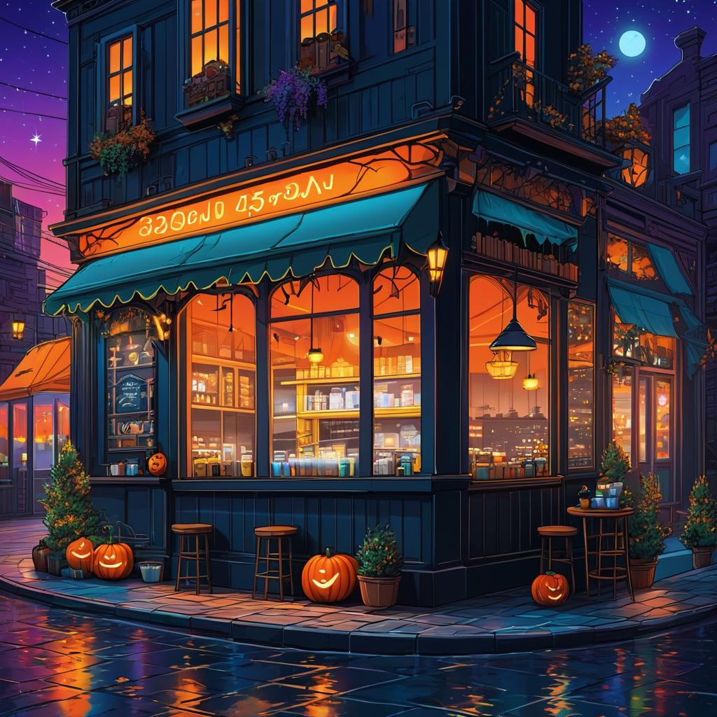  halloween coffee shop in the city at night with decorations, anime artwork, anime style, key visual, vibrant, studio anime, highly detailed