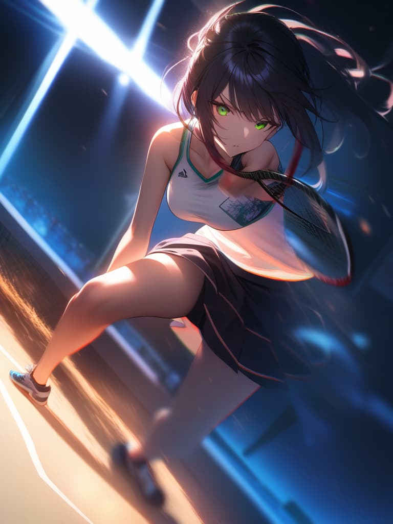  (masterpiece, highest quality,), beautiful fine eyes, very detailed, black hair, aho hair, long hair, green eyes, ponytails, busty, blurred background, shy pinup, tennis, tennis racket: 1.1), wearing tennis uniforms, tennis courts, (moving: 1.2), hitting the ball with a tennis ball, some players, standing in one foot </input> </xml>, motion blur, depression with a racket with one hand hyperrealistic, full body, detailed clothing, highly detailed, cinematic lighting, stunningly beautiful, intricate, sharp focus, f/1. 8, 85mm, (centered image composition), (professionally color graded), ((bright soft diffused light)), volumetric fog, trending on instagram, trending on tumblr, HDR 4K, 8K