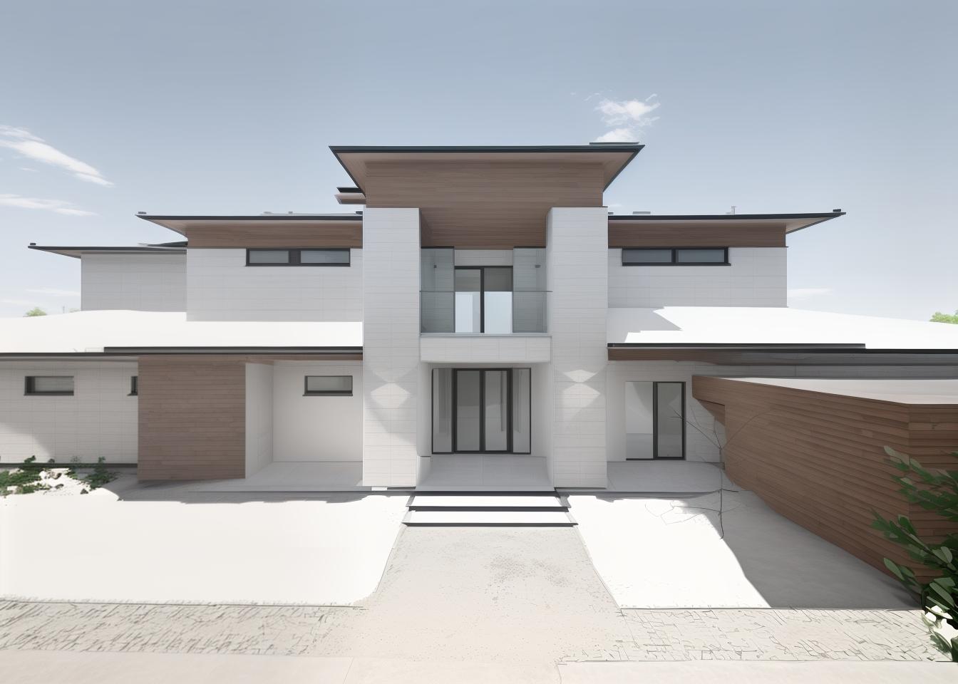  produce a rendering of a house facade with minimalist architecture. the design should emphasize simplicity with a flat roof, large uninterrupted surfaces, neutral color palette, and minimal decorative elements. include large glass panels and a clean, geometric layout to highlight the concept of less is more.