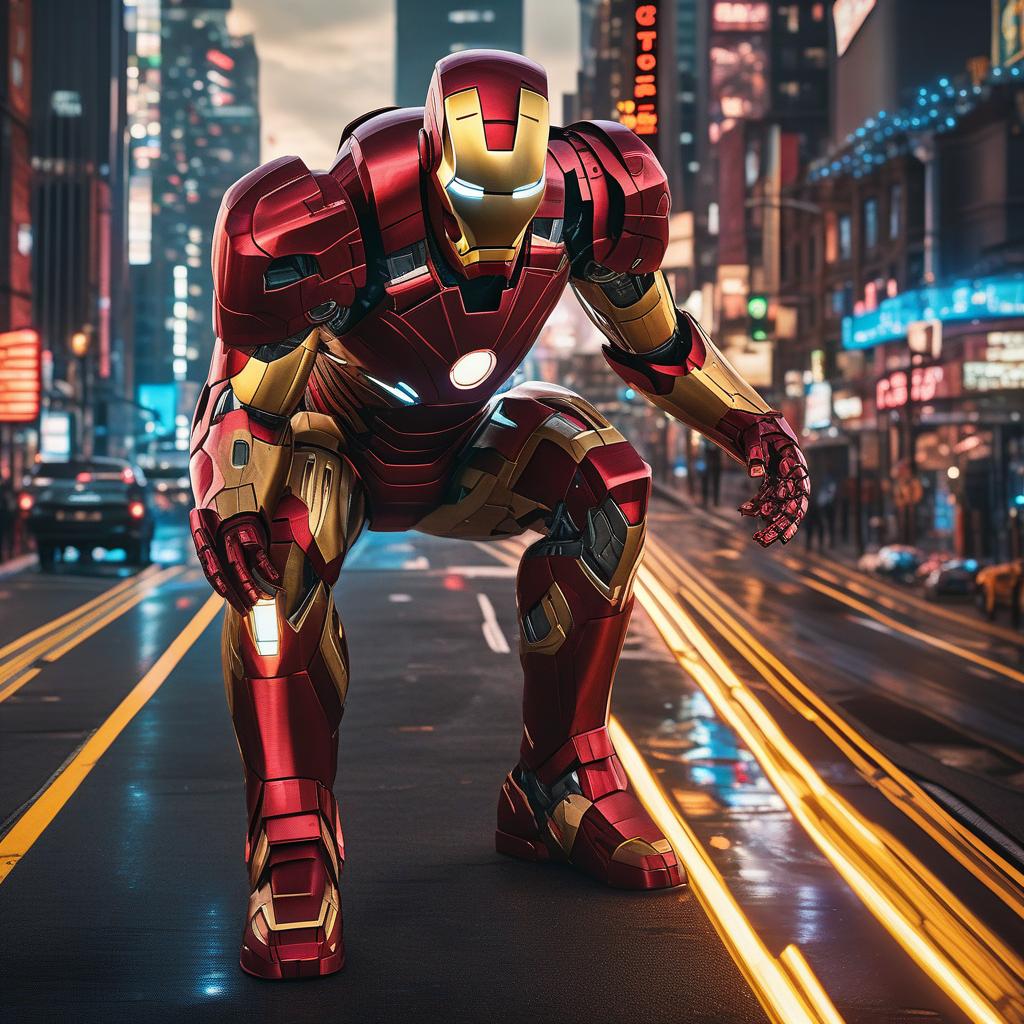  masterpiece, best quality, masterpiece, 8k resolution, realistic, highly detailed, Iron Man close-up. He stands on a street lined with tall buildings in a cyberpunk style city at night. The city's night lights are bright, and the surrounding buildings and streets are full of cyberpunk elements such as neon lights, high-tech equipment and futuristic architectural design.