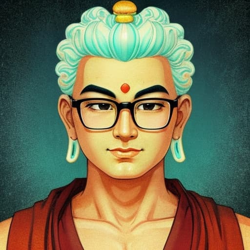  Buddhist hamburger cosmology Buddha with slippery bald head, thick eyebrows, and glasses male, retro.