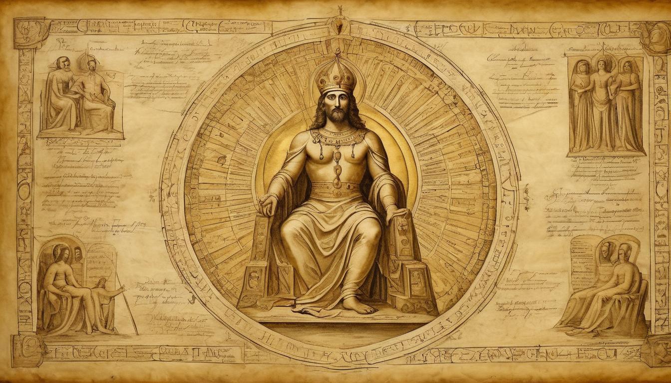  on parchment, surrealism++, radiant golden throne, divine figure seated, command over creation, powerful voice echoing through the cosmos, reverence, dominion, celestial authority(mysterious, provocative, symbolic)++