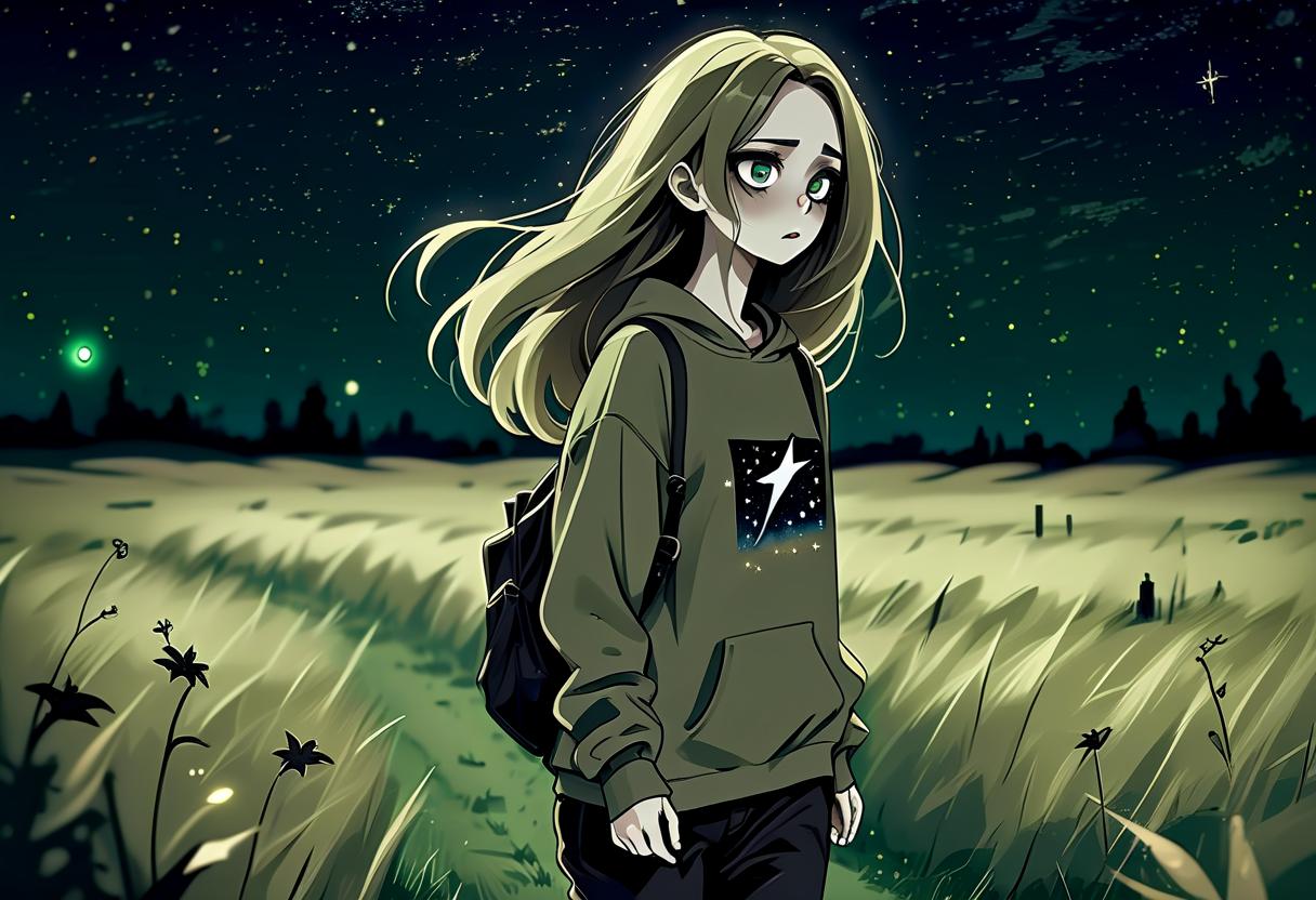  macabre style a girl in anime style with long hair runs around the field at night dressed in a khaki colored sweatshirt and pants. the girl looks at the starry sky at night with black lower eyelids under the eyes of a specific color full of curiosity. there are stars in the night sky. . dark, gothic, grim, haunting, highly detailed