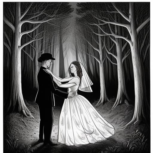  draw a deceased bride and groom dancing a waltz over their grave in a dark forest surrounded by the light of angels