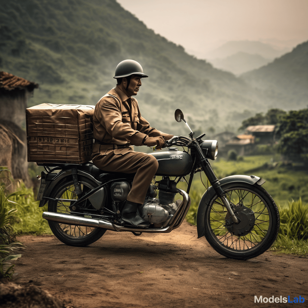  a postman delivery a letter via motorbike in the 1970, malaysia, rural village, nostalgic, hassleblad  hyperrealistic, full body, detailed clothing, highly detailed, cinematic lighting, stunningly beautiful, intricate, sharp focus, f/1. 8, 85mm, (centered image composition), (professionally color graded), ((bright soft diffused light)), volumetric fog, trending on instagram, trending on tumblr, HDR 4K, 8K