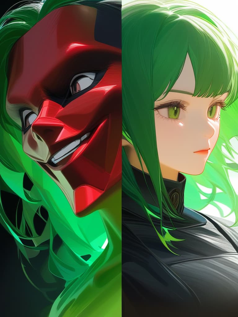  portrait view of a anime women,full white militar uniform hat,half face,joker mask,women face,photorealistic anime style,giger style,pop art tendencies,strong facial expression,(((green hair))),professional illustration,bold colors,chiaroscuro,beautiful shades,intense close ups,bright and glossy surface textures,octane render,zbrush ar 1:1 s 750