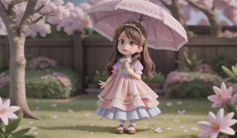  the background is under a cherry blossom tree, with long brown hair, big eyes, a joke in hand, a diamond necklace hanging around her neck, and a little girl wearing a princess dress hyperrealistic, full body, detailed clothing, highly detailed, cinematic lighting, stunningly beautiful, intricate, sharp focus, f/1. 8, 85mm, (centered image composition), (professionally color graded), ((bright soft diffused light)), volumetric fog, trending on instagram, trending on tumblr, HDR 4K, 8K