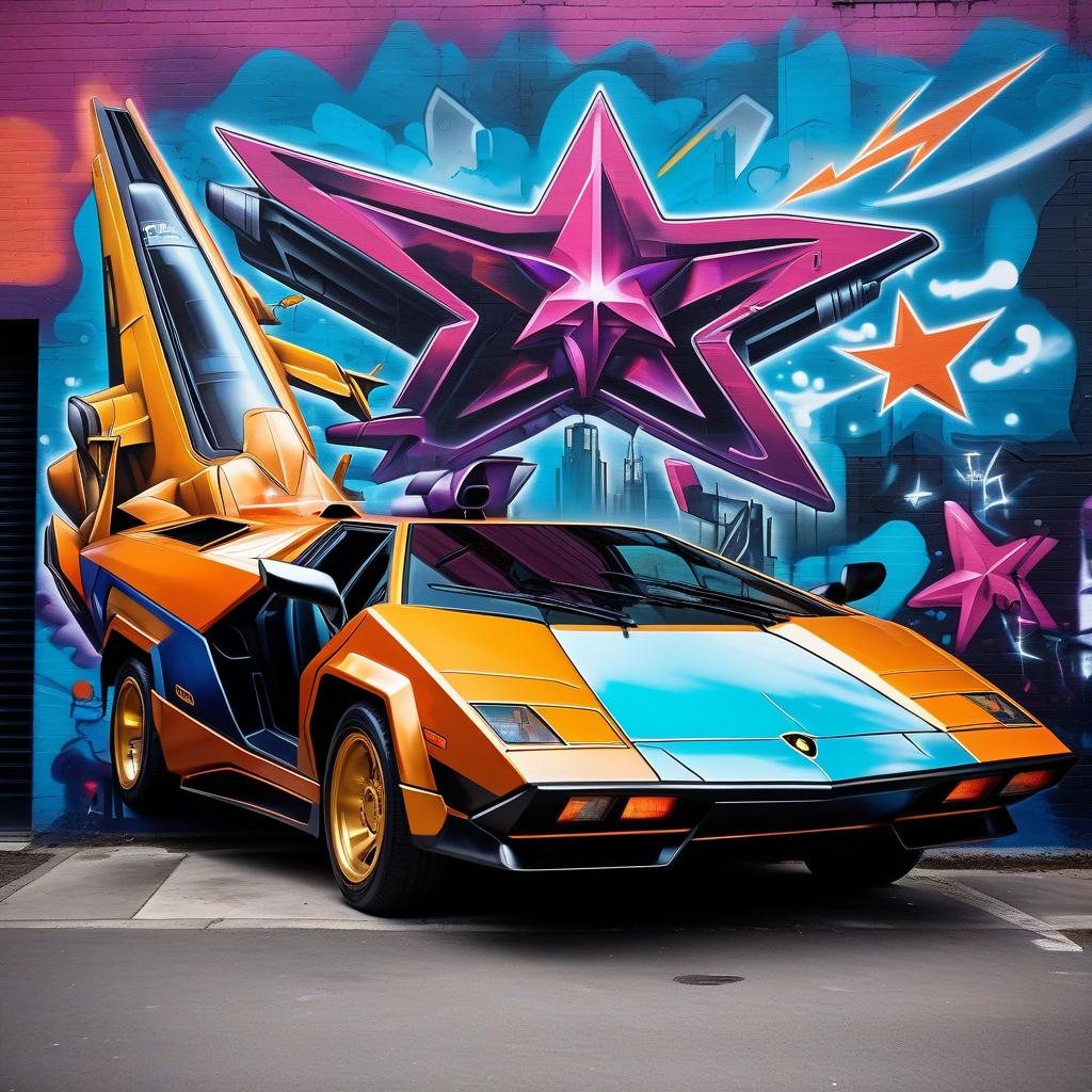  graffiti style retro futurism, steam punk and diesel, a star shuttle that looks like a lamborghini countach. . street art, vibrant, urban, detailed, tag, mural