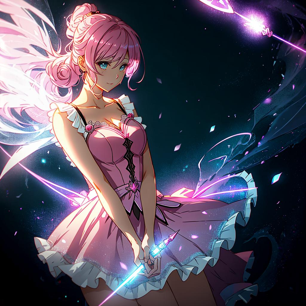  a magical girl with a wand and a pink dress, in the dark and atmospheric style of magica quartet and ume aoki, with detailed character designs and dramatic lighting. hyperrealistic, full body, detailed clothing, highly detailed, cinematic lighting, stunningly beautiful, intricate, sharp focus, f/1. 8, 85mm, (centered image composition), (professionally color graded), ((bright soft diffused light)), volumetric fog, trending on instagram, trending on tumblr, HDR 4K, 8K