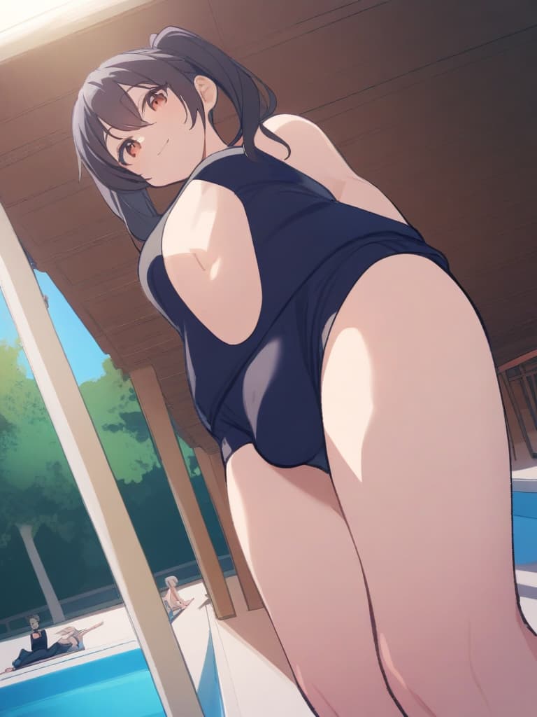  women's elementary students (male), twin tails, cute smiles, (rich s), short stature, dark blue swimwear, old swimwear, swimwear, simple, (upward), upward, (bulge), front, whole body, pool side ,,,